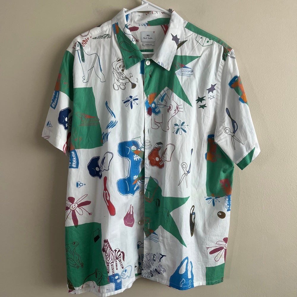 PS Paul Smith Magnificent Obsessions Doodle Print Camp Shirt Organic Cotton L